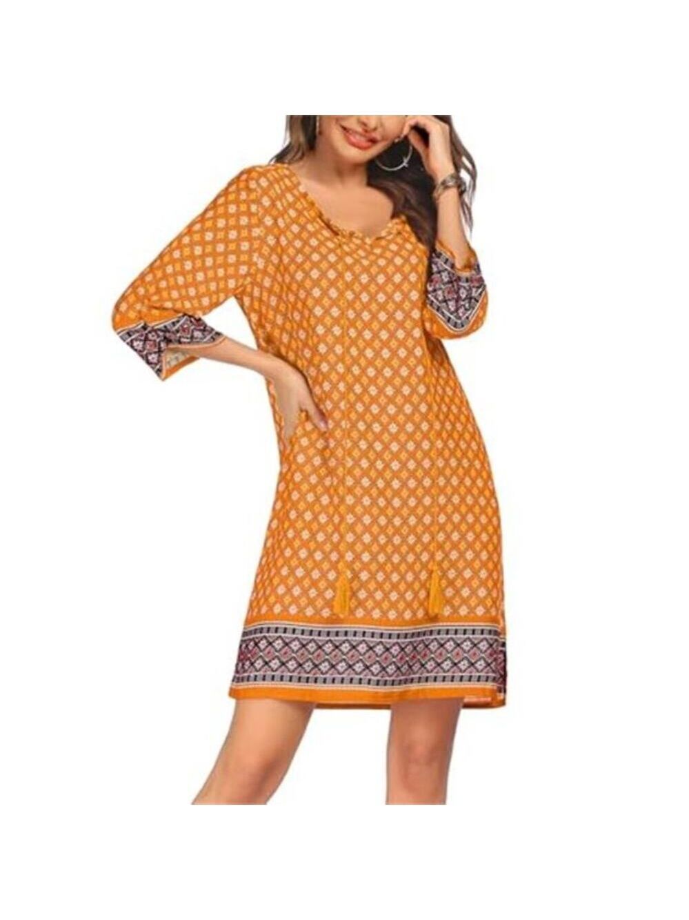 Women’s Yellow Boho Beach Dress Tassel Tie Neck 3/4 Sleeve Summer Tunic